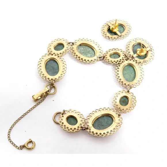 Vintage BEAU STERLING Signed Gold Vermeil Filigree Jade Cab Bracelet & Earrings